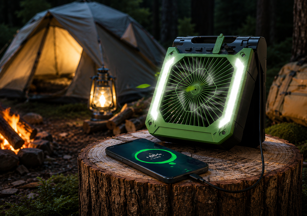 Electric Fan with Solar Charging, Led Light/ Hook ,USB